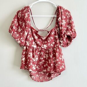 NWT Altar'd State Floral Open-Tie Back Puff Sleeve Blouse